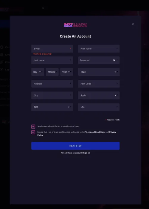 Schnelle Spieler Registrierung Interface Rizz Casino
